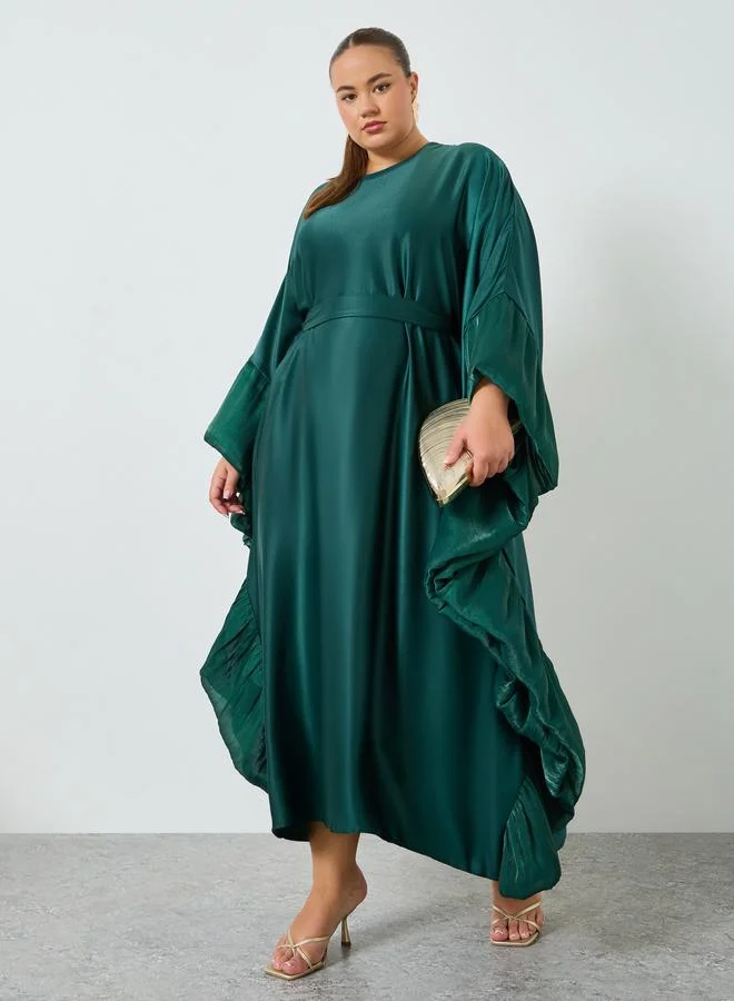 Styli Plus Size Green Ruffled Sleeve Kaftan Maxi Dress