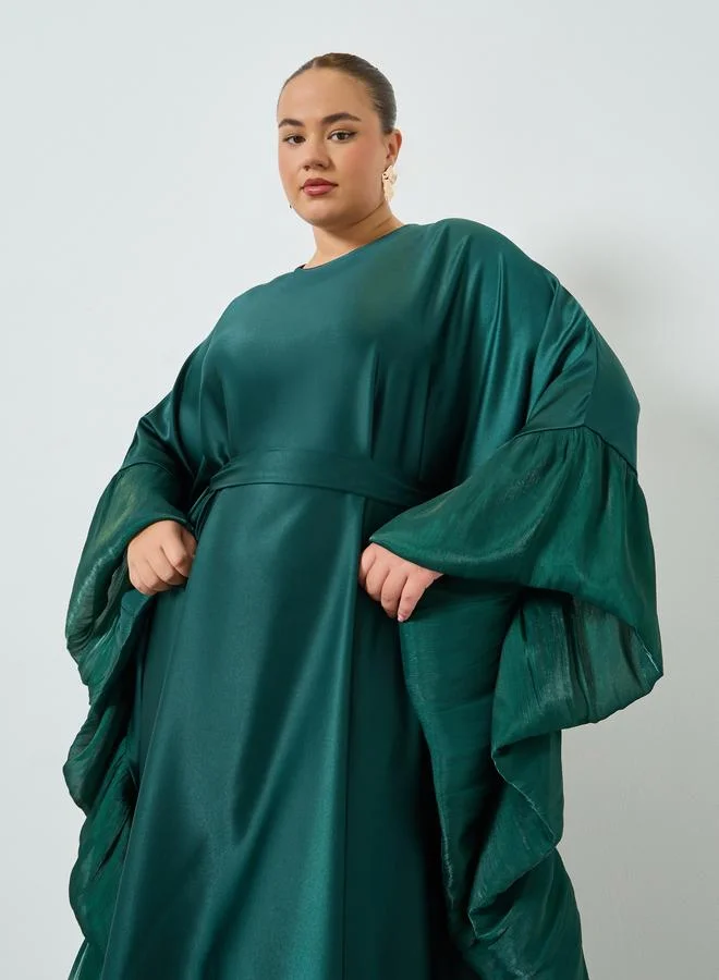 Styli Plus Size Green Ruffled Sleeve Kaftan Maxi Dress
