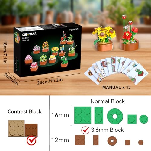 CUBIMANA 12 Pack Flowers Succulents Mini Building Set - 1403PCS Flower Botanical Collection for Home Décor 3.6MM Plant Building Blocks Toy, Party Favors for Christmas Birthday Adults Women Kids 10+ - Image 5