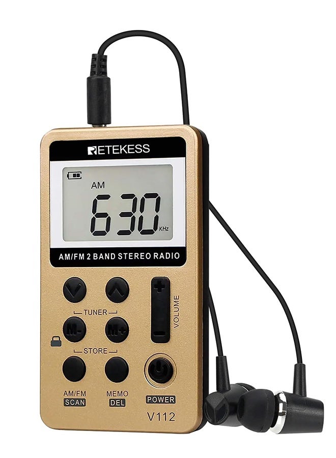 V112 AM FM Radio Portable, Mini Radio with Earphone Pocket, Digital Tuning Rechargeable Battery LCD Display for Walking Jogging(Gold) - Image 1