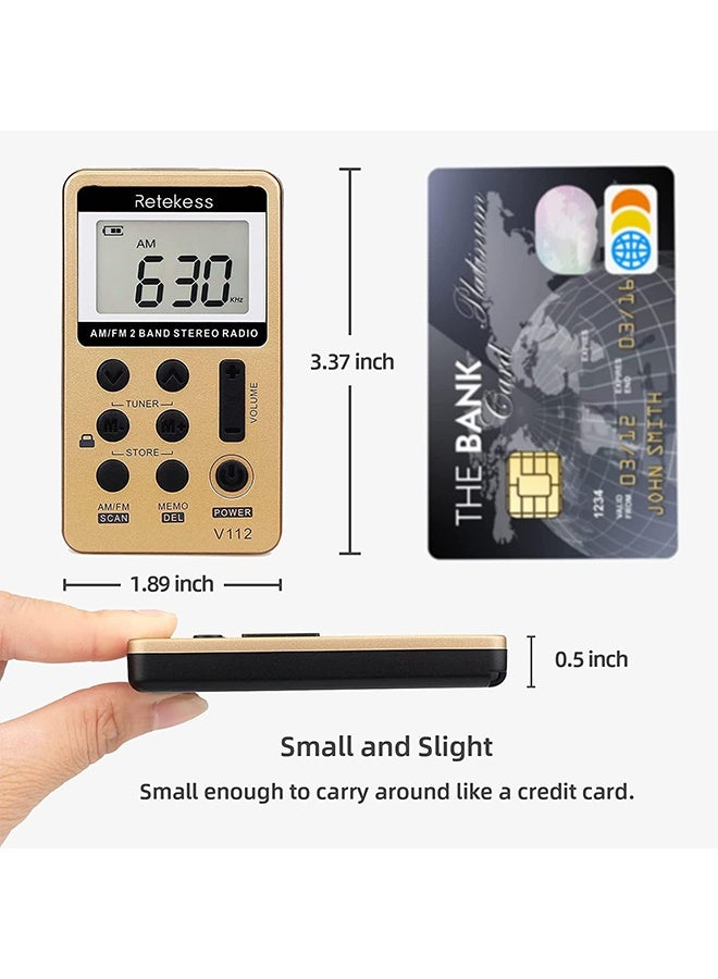 V112 AM FM Radio Portable, Mini Radio with Earphone Pocket, Digital Tuning Rechargeable Battery LCD Display for Walking Jogging(Gold) - Image 2
