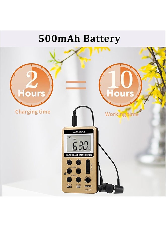 V112 AM FM Radio Portable, Mini Radio with Earphone Pocket, Digital Tuning Rechargeable Battery LCD Display for Walking Jogging(Gold) - Image 5