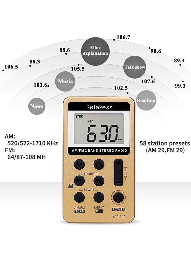 V112 AM FM Radio Portable, Mini Radio with Earphone Pocket, Digital Tuning Rechargeable Battery LCD Display for Walking Jogging(Gold) - Image 3