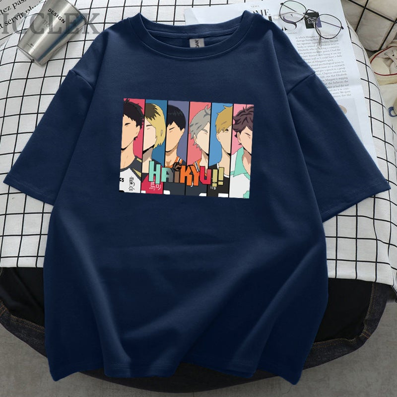 Generic Volleyball Junior Haikyu!! Peripheral T-shirt Trendy Crewneck Printed Summer Large Size Mens and Womens Short-sleeved White Cross-border Women A Navy 