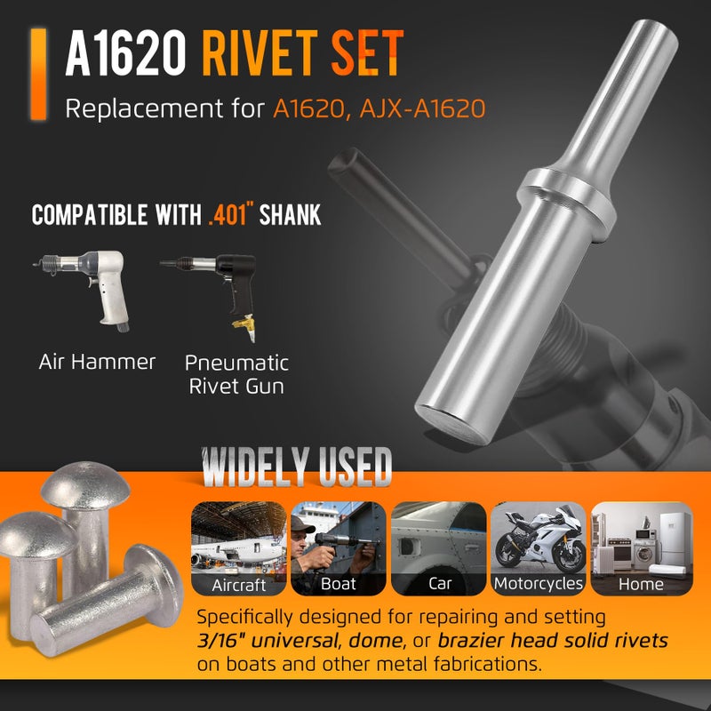 Krenlory A1620 Rivet Set F/ 3/16in - Pneumatic Air Hammer Rivet Bit .401 Shank Solid Rivet Tool Kit Fit Brazier Head, Solid, Universal, Aluminum & Dome Rivets, Brazier Head Rivets Tool - Image 2