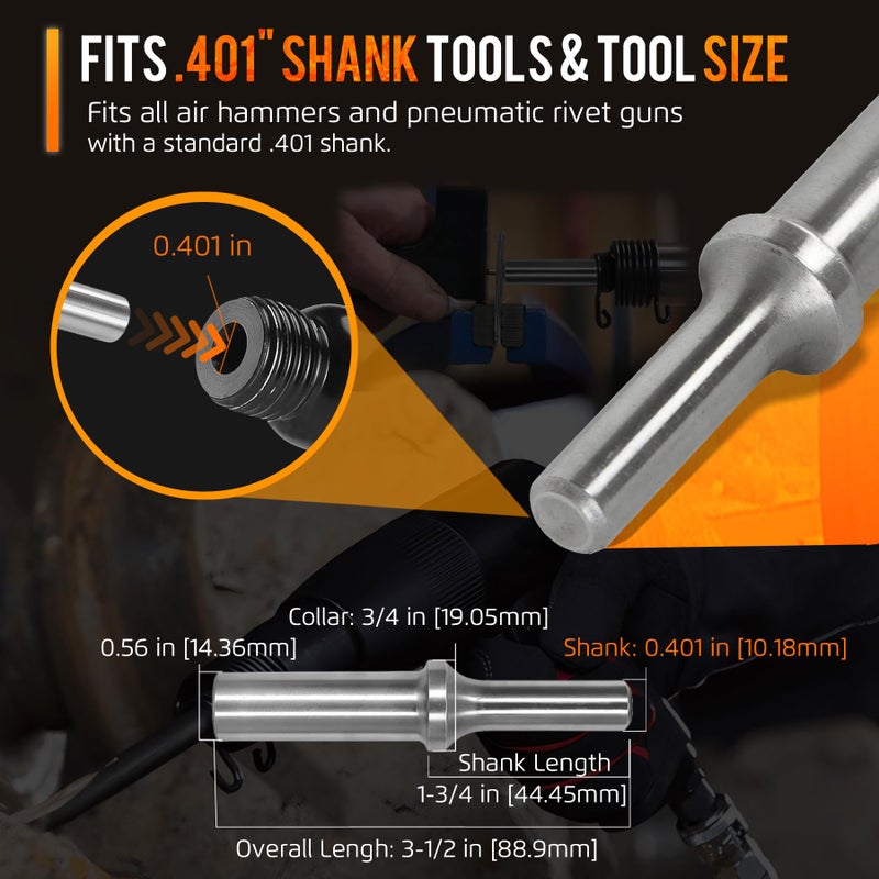 Krenlory A1620 Rivet Set F/ 3/16in - Pneumatic Air Hammer Rivet Bit .401 Shank Solid Rivet Tool Kit Fit Brazier Head, Solid, Universal, Aluminum & Dome Rivets, Brazier Head Rivets Tool - Image 4