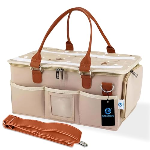 OCEANEVO Cute Felt Diaper Caddy Organizer Bag with Lid and Removable Shoulder Strap | Baby Basket Essentials for Newborn Baby Products Storage with Compartments | 40 x 27 x 19 cm – Model 2 – Grey - Image 1
