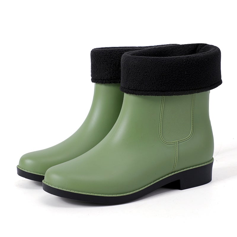 Fashion Korean Short Rain Boots for Women Green (plus Velvet) 