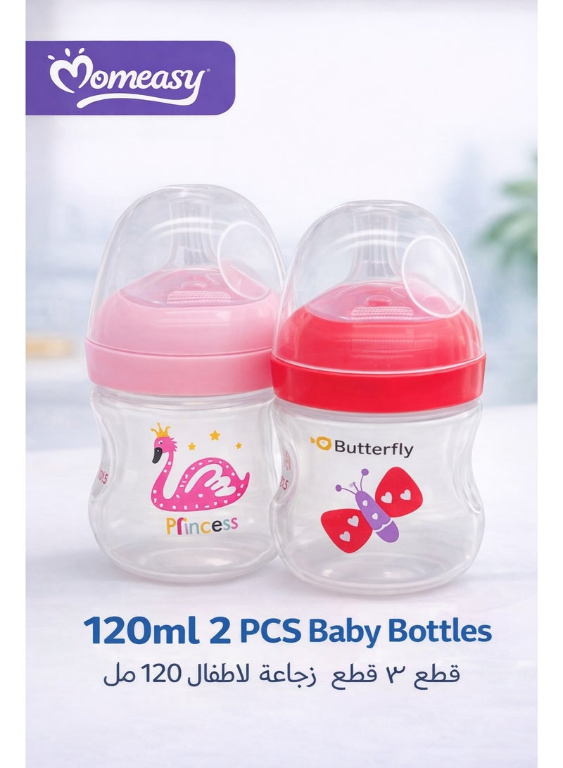Momeasy 2 Pack 120ml Baby Feeding Bottles, Anti-Colic Valve, Breast-Like Soft Silicone Nipple, BPA-Free, Leakproof, Wide Neck, Easy Clean, Newborn/Infant Milk Bottle Set - Image 1