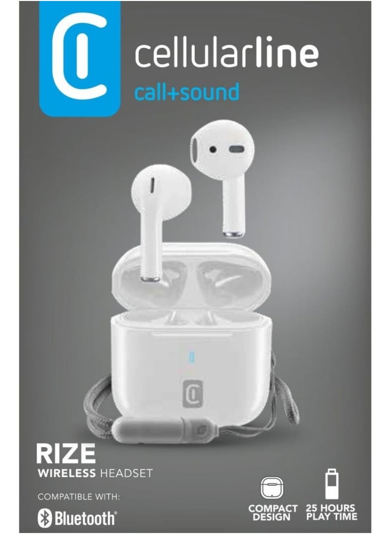 CELLULARLINE RIZE WIRELESS HEADSET  The headset Offers up to 25 Hours of Total Playtime with the Charging Case, Making it Ideal For Long Listening Sessions Without Frequent Recharging.(WHITE)