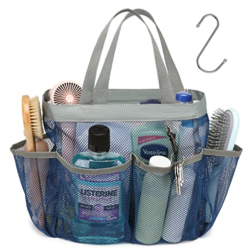 Fcolor Mesh Shower Caddy Portable Upgrade Deeper 7 Pockets Shower Bag Basket Tote for College Dorm Room Toiletry Bathroom Essentials Gym Camp Quick Dry 2 handles with S Hook Navy Blue