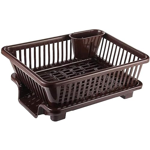 Kitchenwell Sink Dish Rack | 3 in 1 Large Durable Plastic Drainer Drying Rack Washing Basket with Tray | Dish Rack Organizers, Utensils Tools Cutlery | Brown, Pack of 1 - Image 1