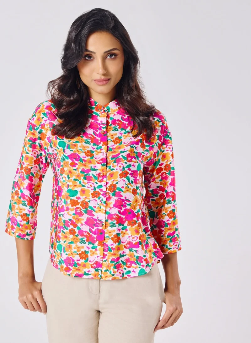 زجزاج Mandarine Collar Printed Roll Up Sleeve Top