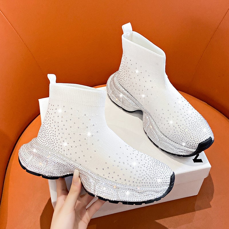 2024 High-Top Sneakers Elastic Sock Womens Thick Sole Diamond White