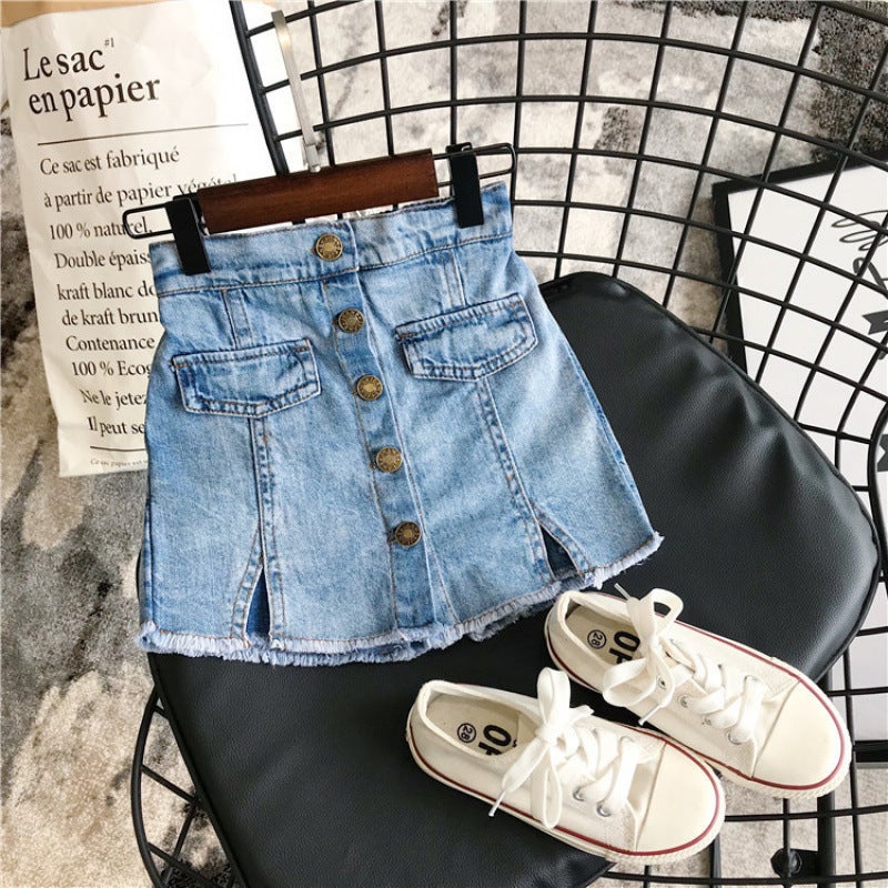 Baby Denim Skirt 2025 Style Girls And Kidsren'S Clothing Kidsren'S Color Button Denim Skirt Pants Summer - Image 1