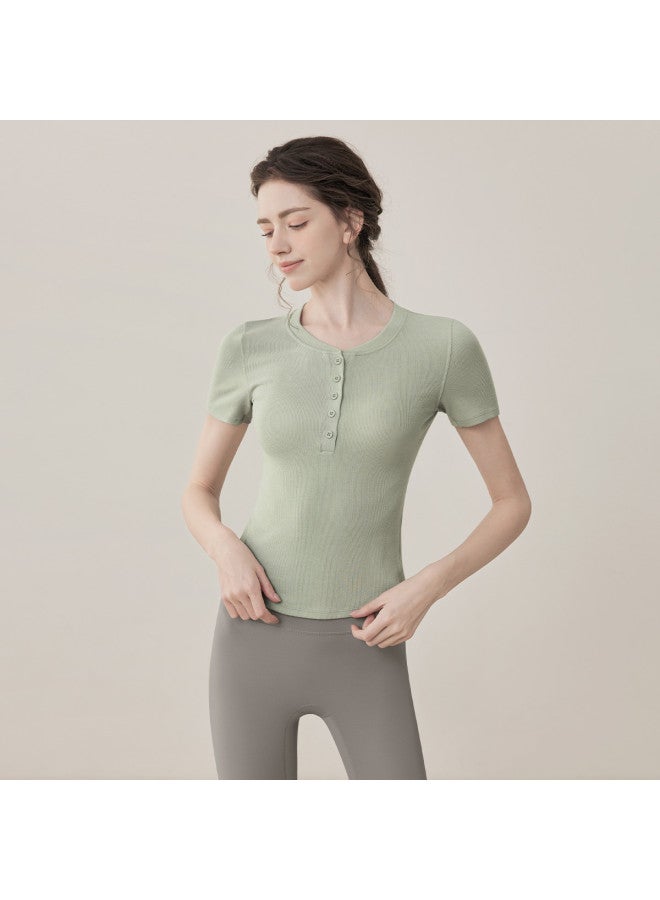 YouYou Yoga Wear For Women 2025 Spring Short-sleeve Sports Button Slim-fit Fitness Pilates Top - Image 5