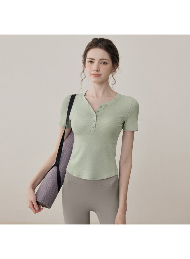 YouYou Yoga Wear For Women 2025 Spring Short-sleeve Sports Button Slim-fit Fitness Pilates Top - Image 3
