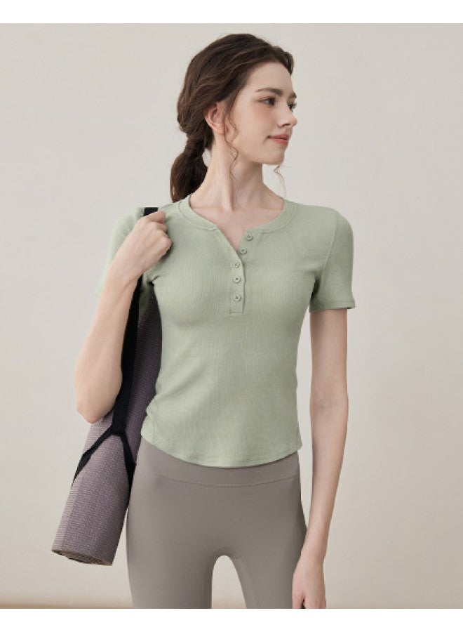 YouYou Yoga Wear For Women 2025 Spring Short-sleeve Sports Button Slim-fit Fitness Pilates Top - Image 1