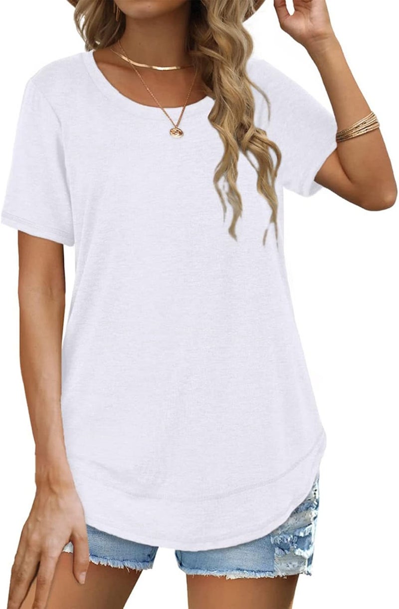 klarako Women Casual Short Sleeve T Shirt Crew Neck Curved Hem Loose Top Ladies Summer Round Neck Tee Basic Solid Color Blouse - Image 1