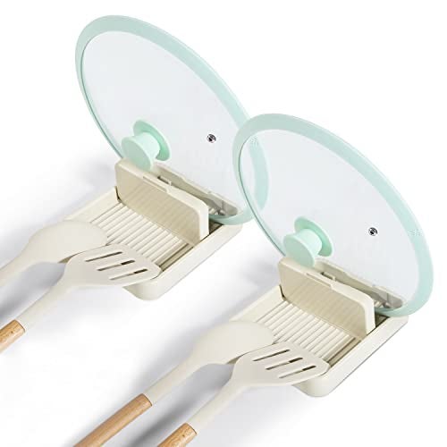 HUMUTA 2 Pack Spoon Rest with Pot Lid Holder For Stove Top, Spoon Holder for Kitchen Counter, Neat & Drip-Free While Cooking, Perfect for Placing spoons, pot lids, Spatulas, Utensils, Ladle, Tongs, Beige - Image 1