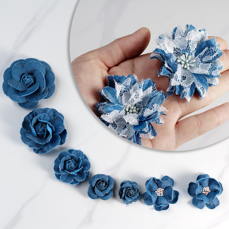 Silvora 9 PCS Denim Fabric Flower Shape Patch Setï¼ŒRibbon Fabric Flowers for Dressesï¼ŒDenim and Flower Decorations Crafts for Party (Dark Blue) - Image 4