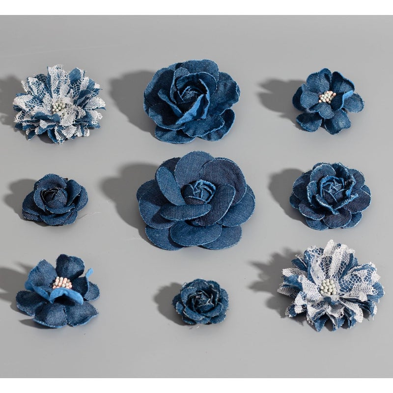 Silvora 9 PCS Denim Fabric Flower Shape Patch Setï¼ŒRibbon Fabric Flowers for Dressesï¼ŒDenim and Flower Decorations Crafts for Party (Dark Blue) - Image 1