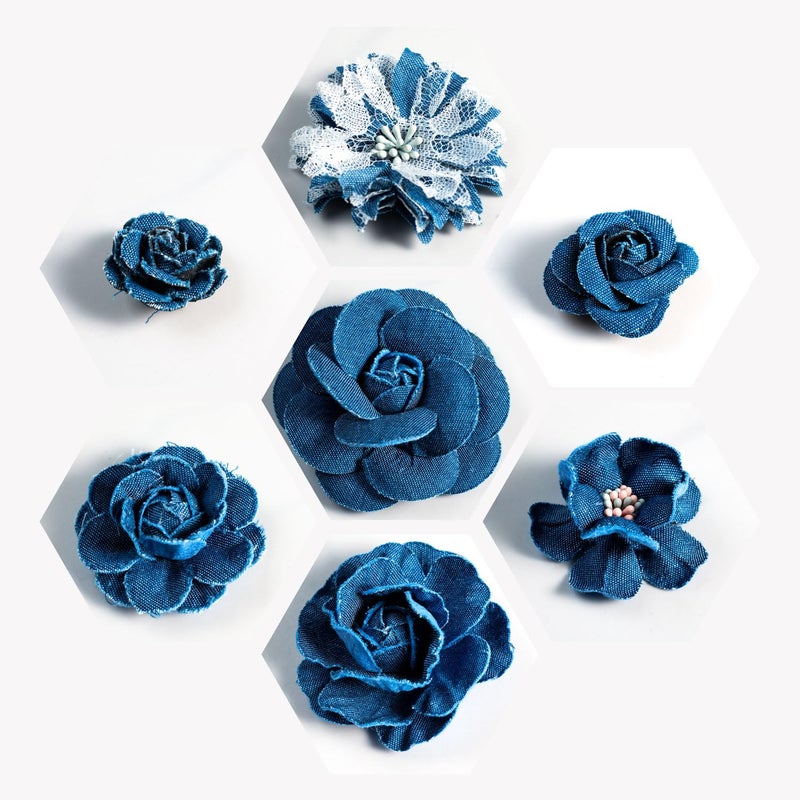 Silvora 9 PCS Denim Fabric Flower Shape Patch Setï¼ŒRibbon Fabric Flowers for Dressesï¼ŒDenim and Flower Decorations Crafts for Party (Dark Blue) - Image 3