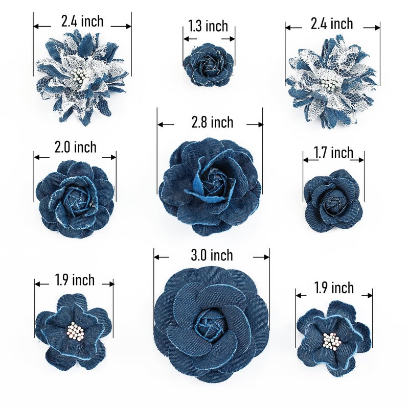 Silvora 9 PCS Denim Fabric Flower Shape Patch Setï¼ŒRibbon Fabric Flowers for Dressesï¼ŒDenim and Flower Decorations Crafts for Party (Dark Blue) - Image 2