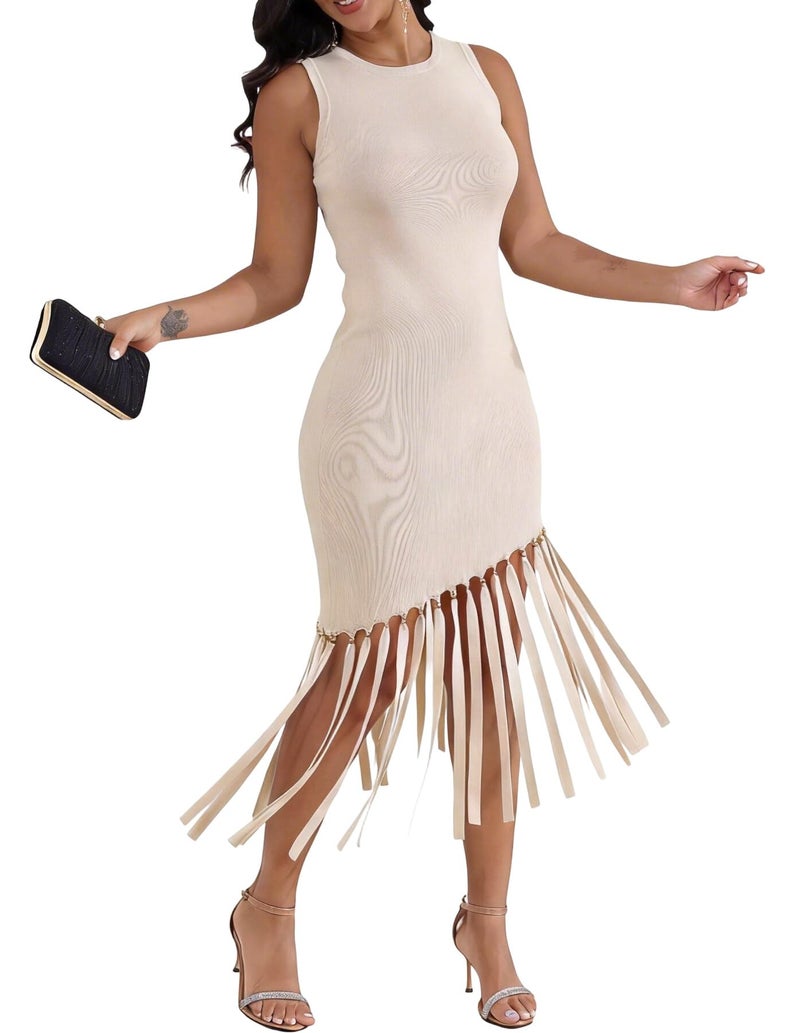 Ryehack Womenâ€™s Sexy Bodycon Midi Dress Elegant Sleeveless Asymmetrical Fringe Cocktail Prom Party Dress with Metal Bead Apricot - Image 1