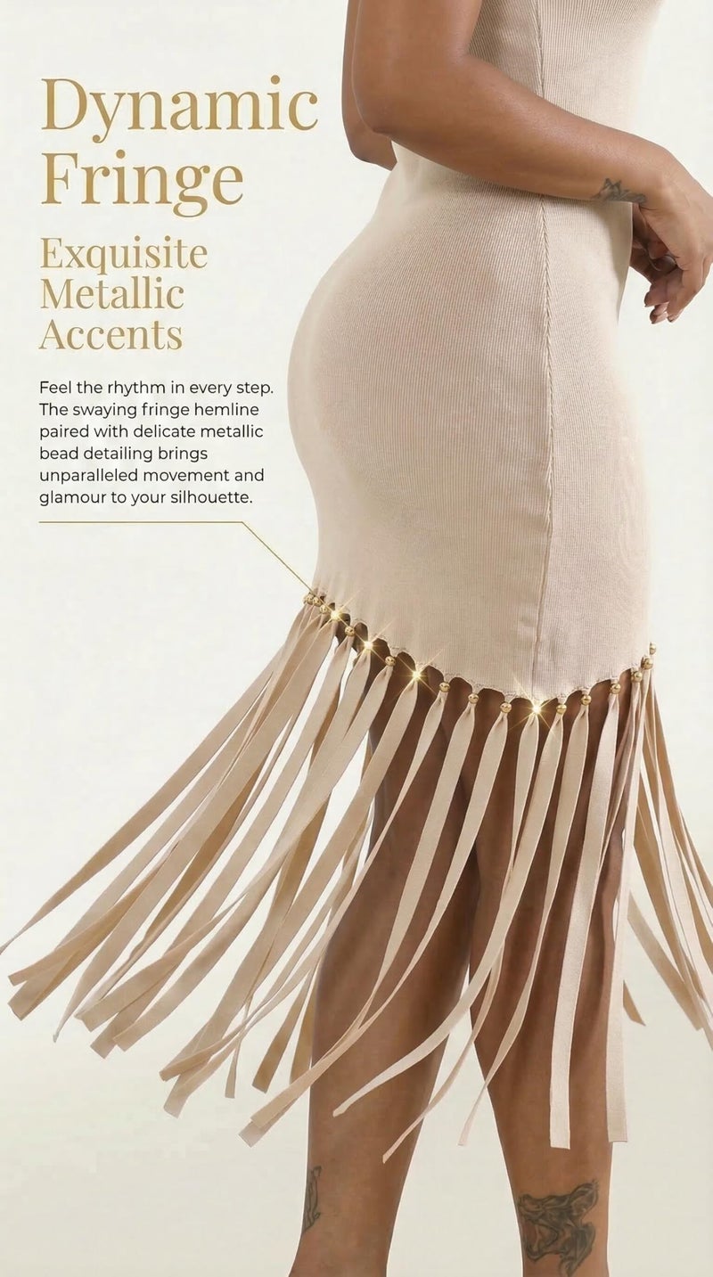 Ryehack Womenâ€™s Sexy Bodycon Midi Dress Elegant Sleeveless Asymmetrical Fringe Cocktail Prom Party Dress with Metal Bead Apricot - Image 4