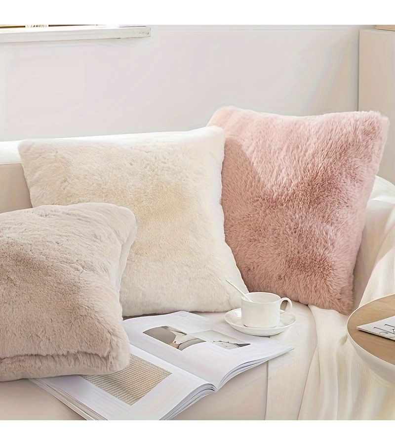 Luxury Faux Rabbit Fur Throw Pillow Cover Beige 18x18 Inch Ultra Soft Warm Plush Cushion Case for Sofa Bedroom Car Home Decor with Zipper Closure - Image 2