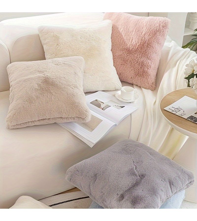 Luxury Faux Rabbit Fur Throw Pillow Cover Beige 18x18 Inch Ultra Soft Warm Plush Cushion Case for Sofa Bedroom Car Home Decor with Zipper Closure - Image 1