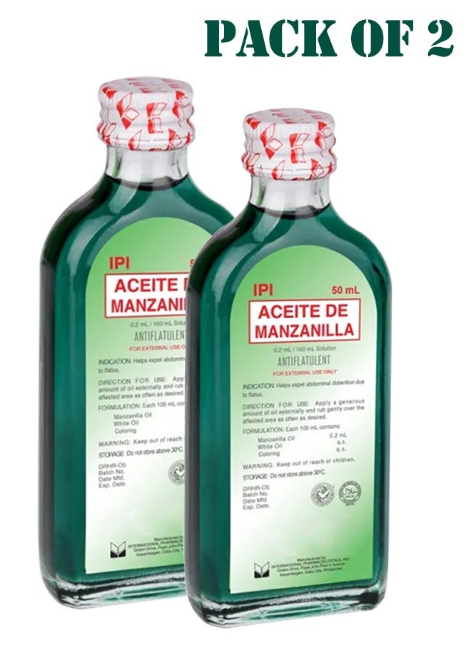 IPI Pack of 2 Aceite De Manzanilla, Antiflatulent Aid for Relieving Abdominal Discomfort Due to Flatus, 50ml. 