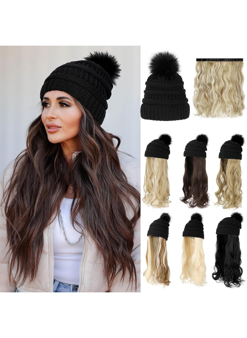 Lansigreen - Hat Wig Beanie Hat with Hair Long Wavy Extensions Knit Pom Pom Hat Attached 20 Synthetic Removable Hairpiece for Women Winter Medium Brown - Image 1