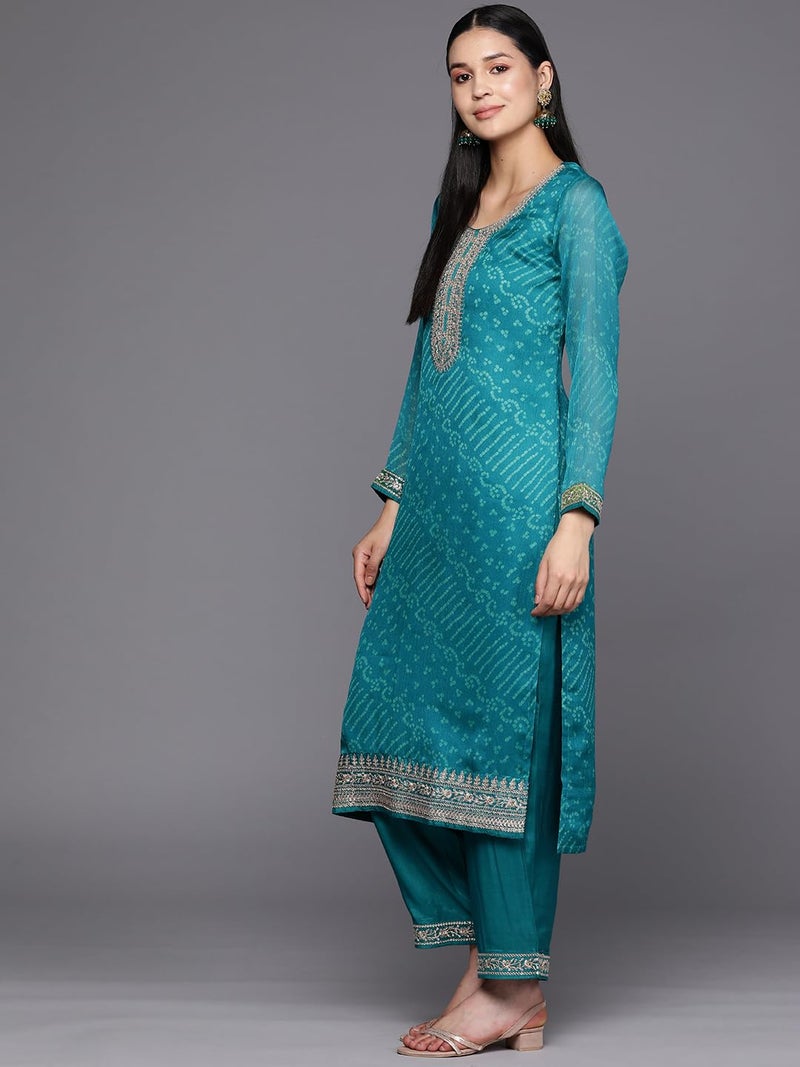 Libas Womens Printed Chiffon Straight Kurta With Trousers and Dupatta - Image 3