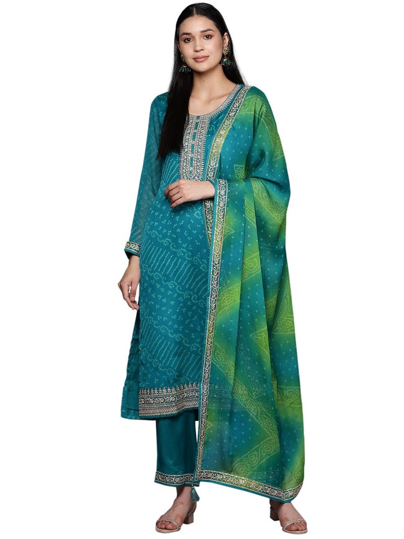 Libas Womens Printed Chiffon Straight Kurta With Trousers and Dupatta - Image 1