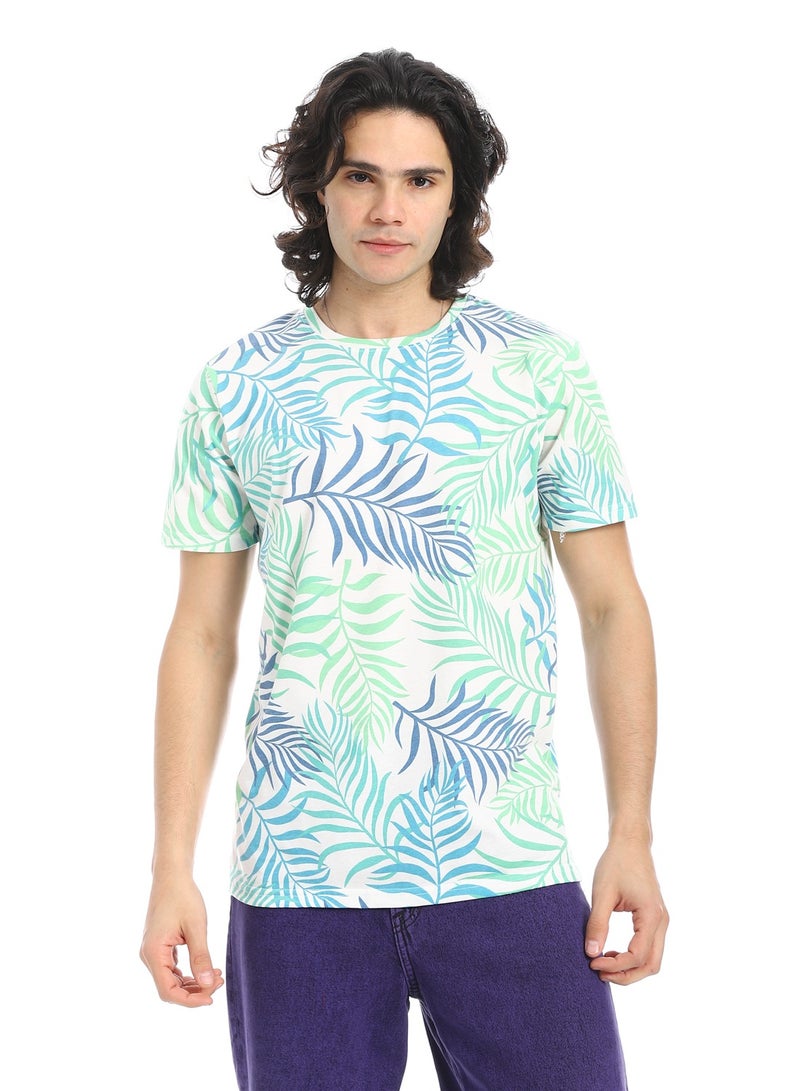 Andora Palm Print T-Shirt_Green & Blue - Image 1