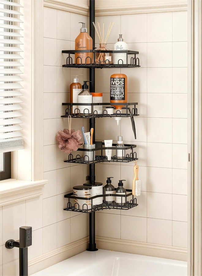 HouseUp Corner Shower Caddy Tension Pole - 4-Tier Shower Corner Shelf for Bathtub Bathroom Shower Organizer - Adjustable 34in-120in, Space Saving Bathtub Accessory Shelves, Black - Image 1