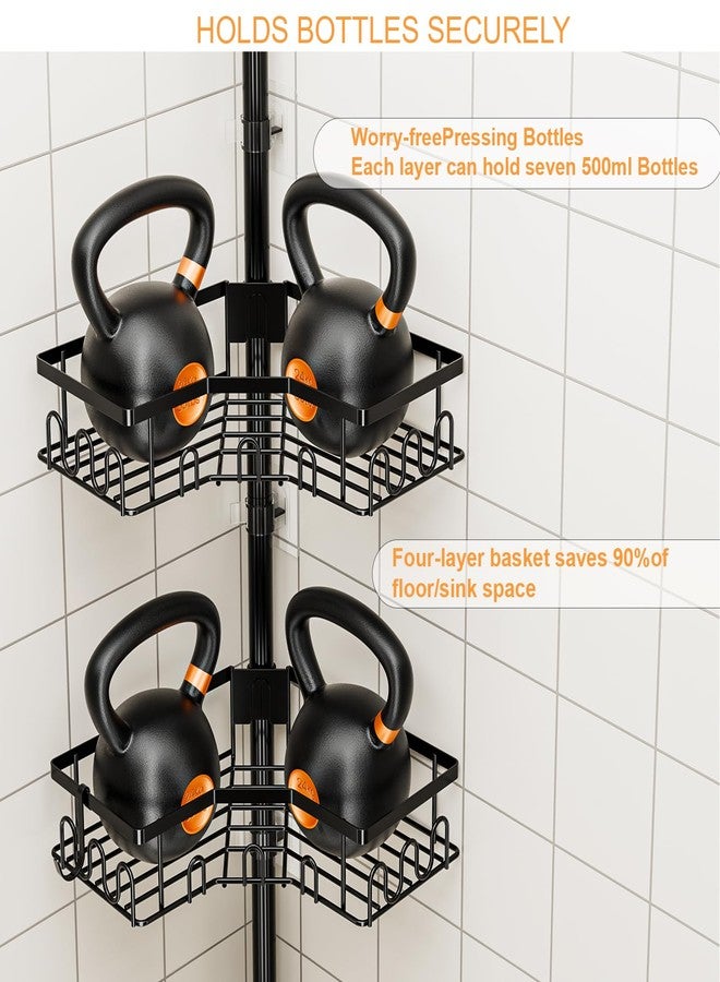 HouseUp Corner Shower Caddy Tension Pole - 4-Tier Shower Corner Shelf for Bathtub Bathroom Shower Organizer - Adjustable 34in-120in, Space Saving Bathtub Accessory Shelves, Black - Image 4