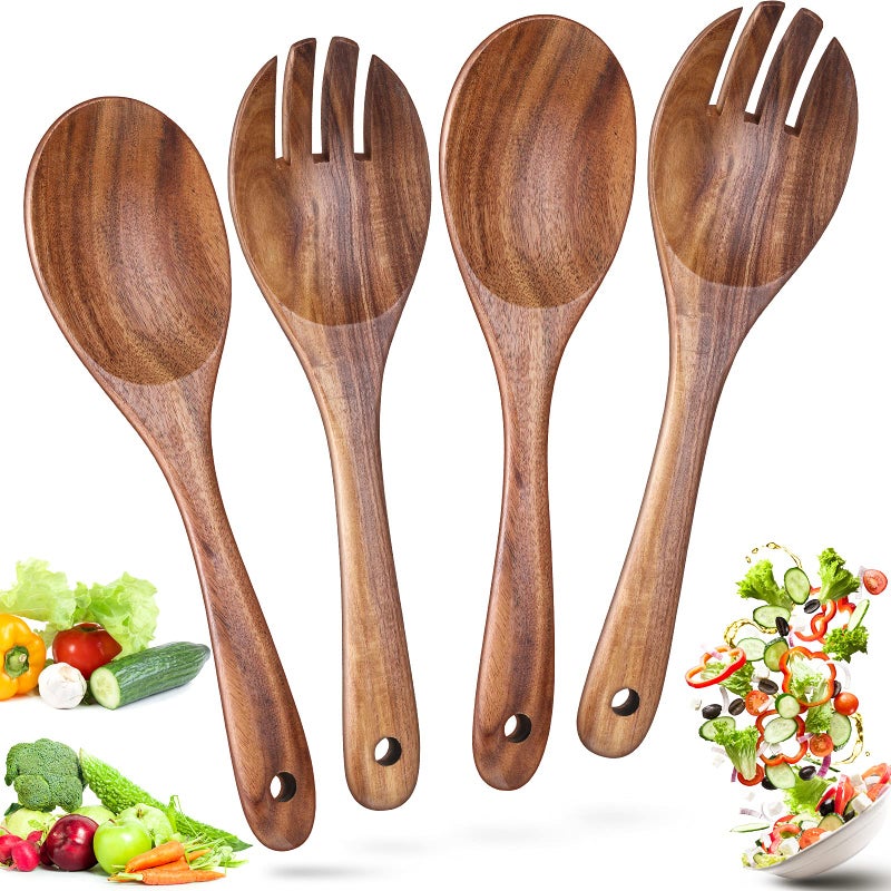 Patelai 4 Pieces 102 Inch Wood Salad Spoons Salad Servers Wooden Serving Spoons and Long Wood Serving Forks NonStick Teak Wooden Server Tools for Kitchen Restaurant Gravies Pasta Easy to Clean 