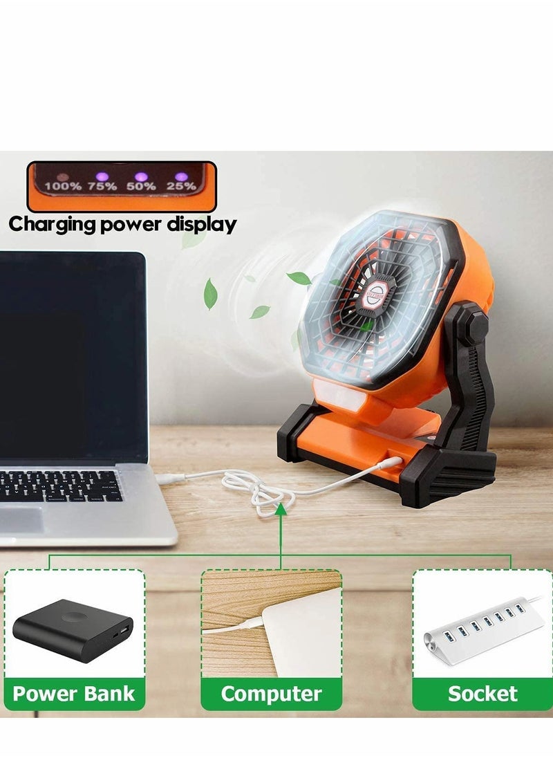 Excefore Portable Desk Fan with LED Lantern, Small Rechargeable Outdoor Camping Fan, Battery Operated Cooling Personal Table Hanging Hook for Tent, Travel, Bedroom, Home, Office(Orange)  - Image 3