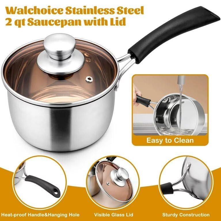 Evermall Stainless Steel Sauce Pan with Lid Coffee Milk Cooking Saucepan Pots Milk Pan Cookware Professional with Long Handle Milk panTea panSauce panMilk Soup Pan for Home Kitchen Restaurant - Image 4