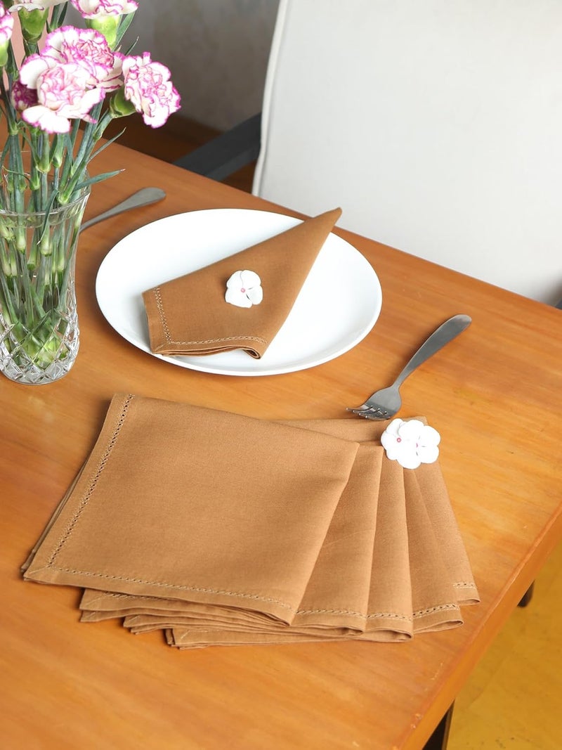 Zeba World Dinner Table Napkins 100% Cotton Set of 6 pcs | Fagotting Embroidery | Washable and Reusable Napkins for Dinner Table - Golden Brown - 16x16 inches (40x40cms) (Pack of 6) - Image 1