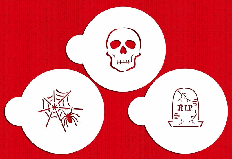 Designer Stencils C457 Scary Halloween Cookie Stencil Set Spider Web Skull Gravestone Beigesemitransparent - Image 1