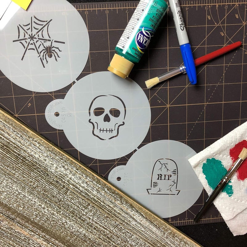Designer Stencils C457 Scary Halloween Cookie Stencil Set Spider Web Skull Gravestone Beigesemitransparent - Image 5