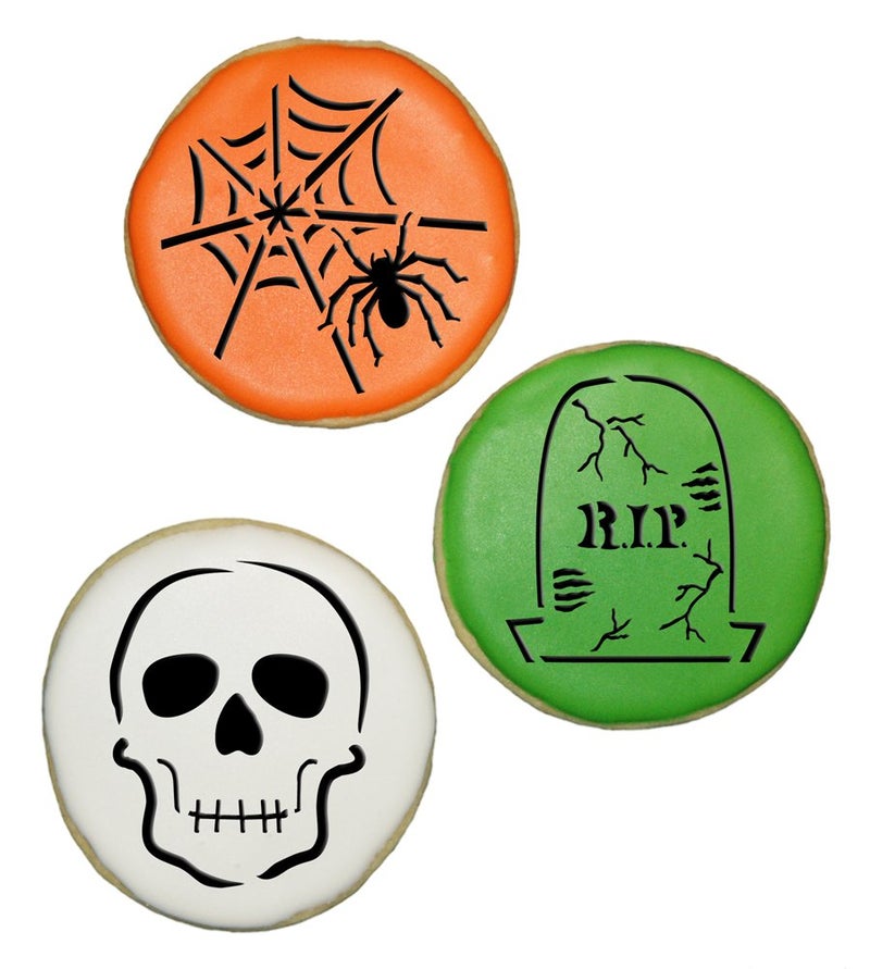 Designer Stencils C457 Scary Halloween Cookie Stencil Set Spider Web Skull Gravestone Beigesemitransparent - Image 2