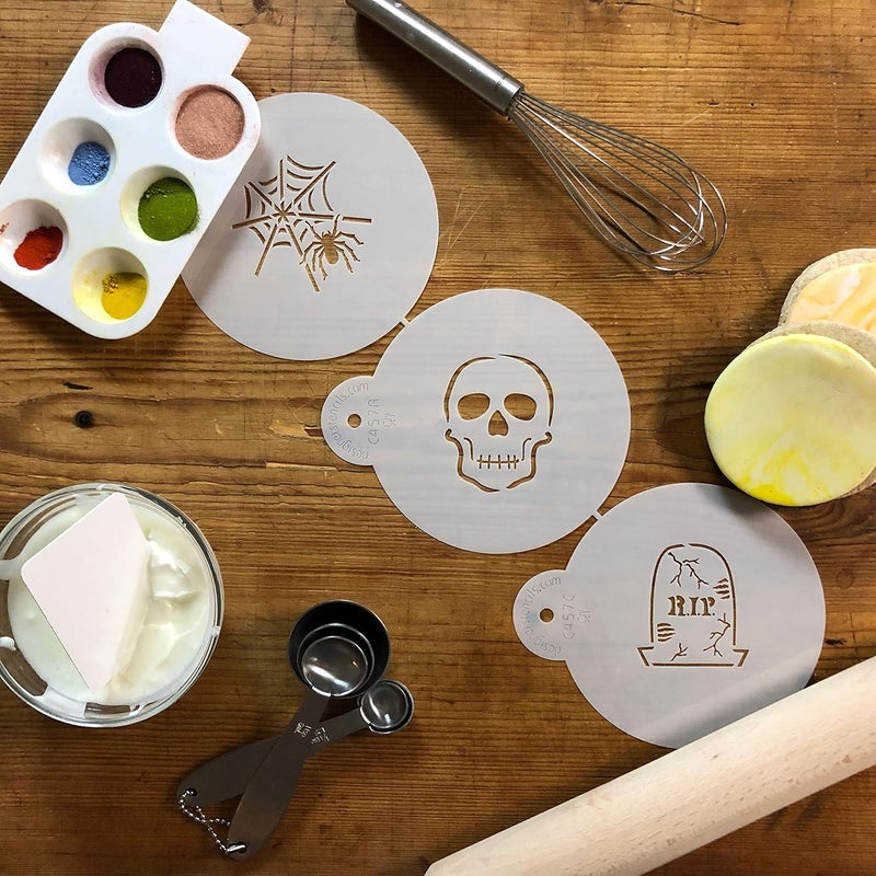 Designer Stencils C457 Scary Halloween Cookie Stencil Set Spider Web Skull Gravestone Beigesemitransparent - Image 4