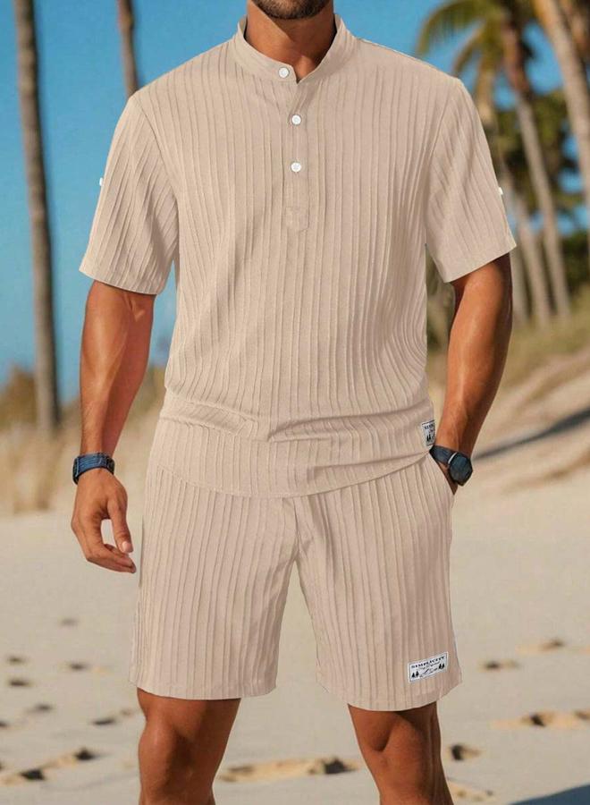 تايك تو طقم توب وشورت مضلع بتصميم مرقع - بيج - Image 1