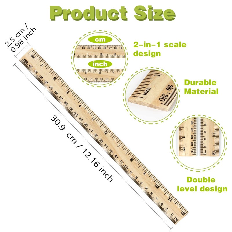 ZZTX 3 Pack Wooden Ruler 12 Inch Rulers Bulk Wood Measuring Ruler for Students Office School Supplies 2 Scale (30 cm) - Image 2