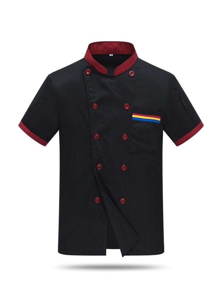 Loquat Chef Uniform Short Sleeve Double-Breasted Stand Collar Waiter T-shirt Black - Image 1